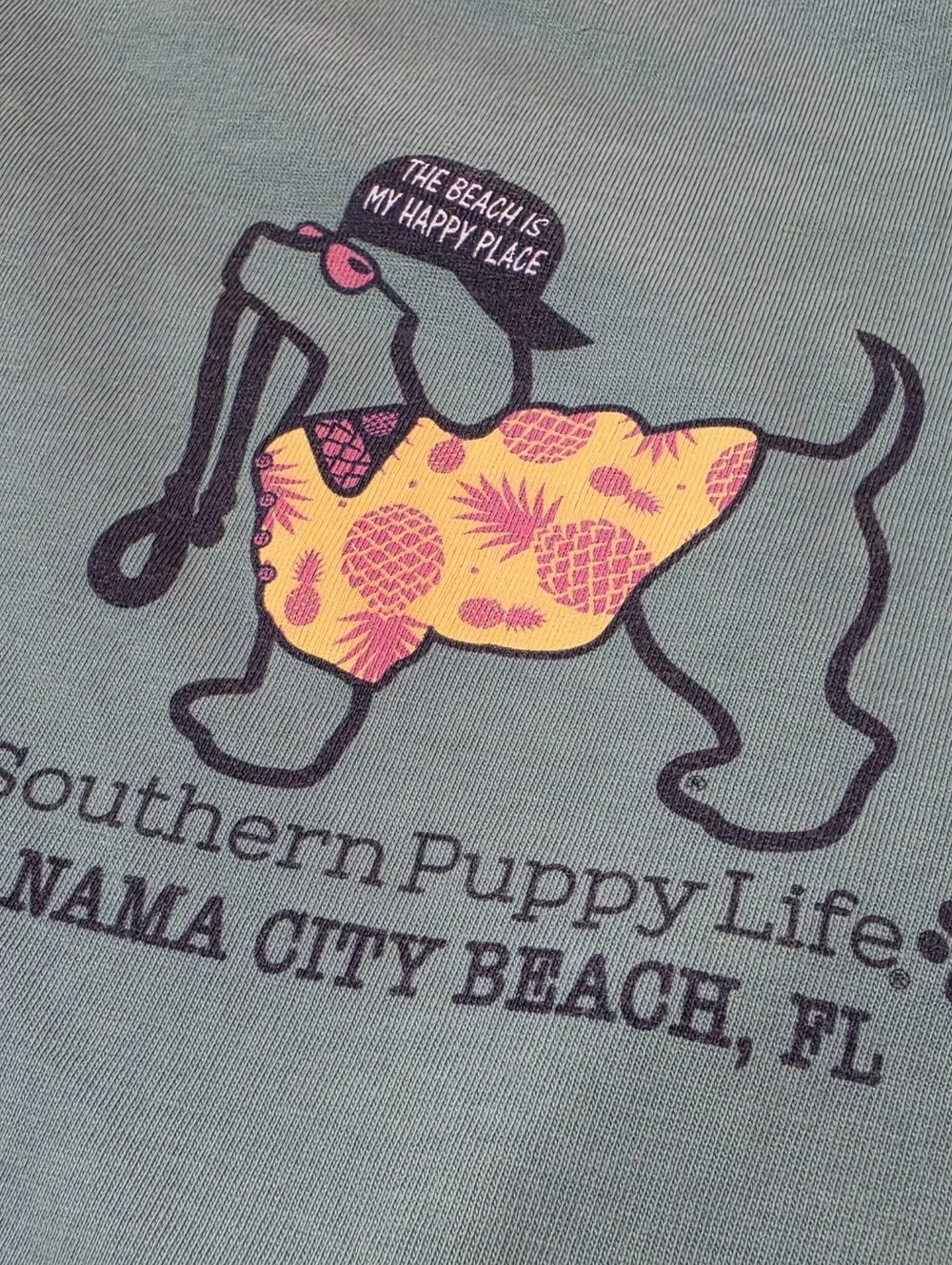 Vintage Southern Puppy Panama City Beach Long Sleeve T-Shirt Womens Medium Teal